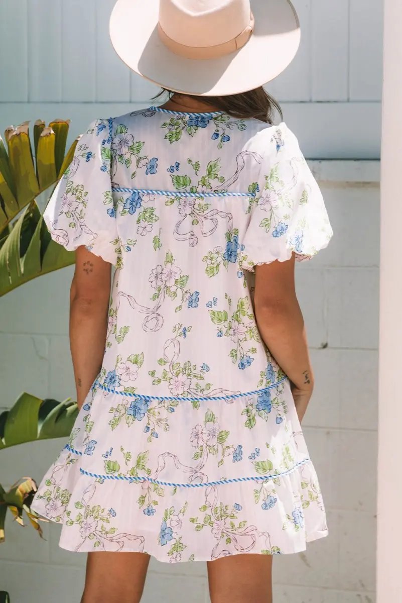 Pink Floral Striped Print Contrast Trim Tie Split Neck Mini Dress - Love Salve